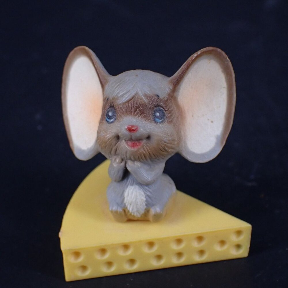 Vintage Miniature Figure Shy Gray Plastic Mouse Big Ears Sitting on Slice of Swi
